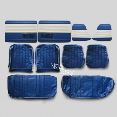 FULL SET OF BASKET WEAVE UPHOLSTERY SEAT COVERS AND DOOR PANELS | BEIGE AND BLUE | VW BEETLE 1958 - 64
